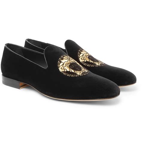 versace black grained leather loafers|Versace velvet loafers.